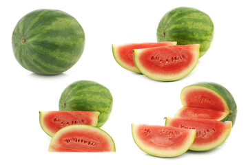 Fresh watermelons and some cut pieces on a white background