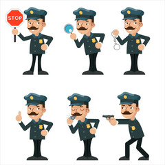 Policeman detective different gestures actions police characters set cartoon design flat vector illustration