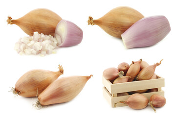 fresh shallots in a wooden box on a white background
