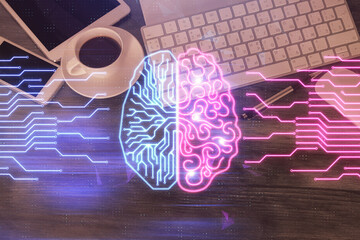 Multi exposure of brain drawing over work table desktop. Top view. Global data analysis concept.