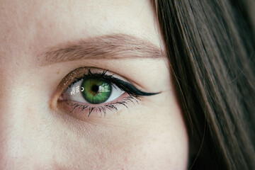 The eye is green. Girls and makeup. Macro photography of the eyeball.