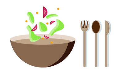 wooden eco bowl for salads with a set of cutlery made of wood. eco friendly.