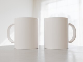Classic blank mug mockup set from different angles on a white desk with shadows in the background. 3D illustration