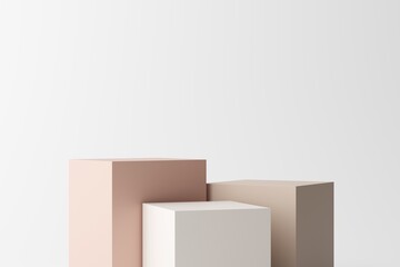 Light color studio with geometric shapes, podium on the floor. Platforms for product presentation, mockup background. Abstract composition in minimal design, 3D illustration