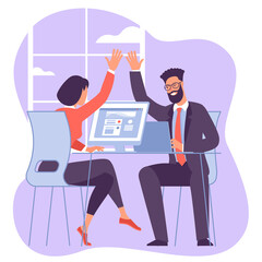 Teamwork. Office workers, young man and woman give high five each to other.