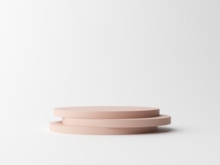 Light color studio with geometric shapes, podium on the floor. Platforms for product presentation, mockup background. Abstract composition in minimal design, 3D illustration