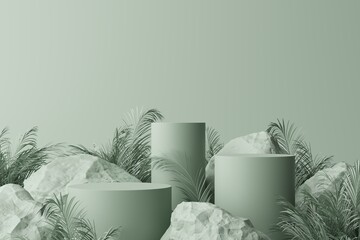 Mint color studio with geometric shapes, podium on the floor. Platforms for product presentation, mockup, palm leaves, and rocks. Abstract composition in minimal design, 3D illustration