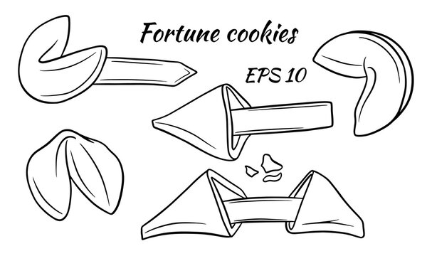 A set of colorful fortune cookies. Collection of illustrations in cartoon style. Good luck cookies.
