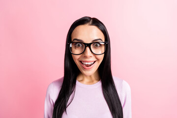 Photo of young happy positive smiling crazy excited girl in glasses see big sale discount isolated...