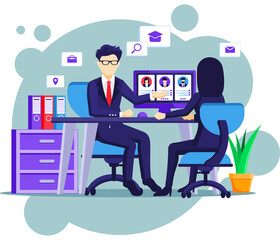 A woman sitting at a desk in a business suit at an interview illustration.