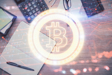 Multi exposure of crypto theme drawing and work table top veiw. Concept of blockchain technology in...