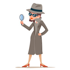 Woman snoop detective tec search evidence pursuit criminal follow the trail female character design vector illustration