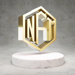 NFT cryptocurrency icon. Gold 3d rendered Non-Fungible Token symbol on white marble podium.