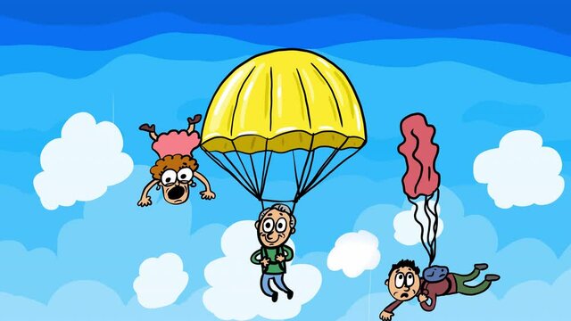 Animation a man on a Golden parachute descends steadily and confidently down. Other people are falling without a parachute.This is compensation for employees of the company or a bonus for pensioners. 