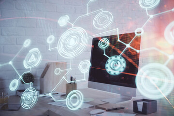 Double exposure of social network theme drawing and office interior background. Concept of web.