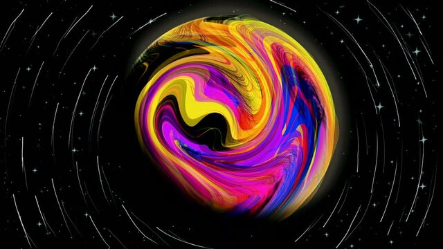 liquid painting motion video. HD abstract colorful 3D liquid planet on dark Background looping video. seamless looping video background.