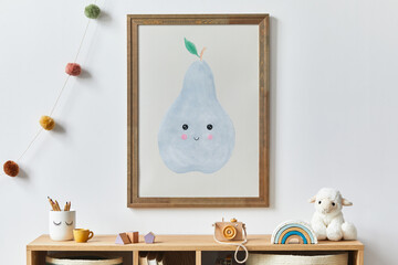 Stylish scandinavian newborn baby room with brown wooden mock up poster frame, toys, plush animal...