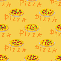 Seamless pizza pattern with different ingredients. Vector.