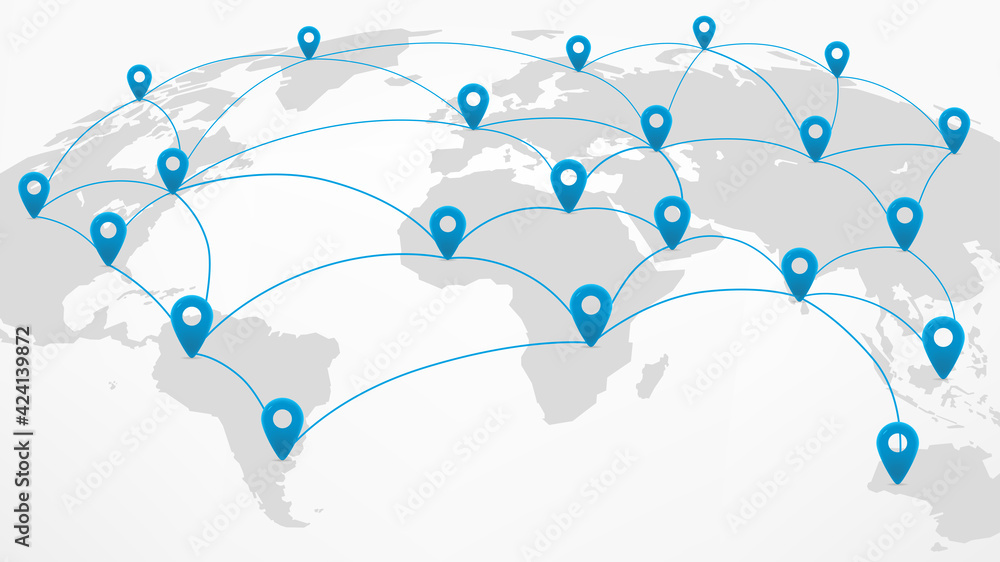 Poster World network abstract scheme on world map with pins