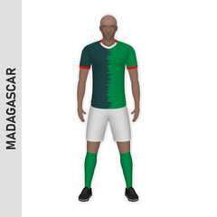 3D realistic soccer player mockup. Madagascar Football Team Kit template