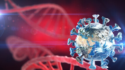 Coronavirus looks like planet Earth. Conceptual image under a microscope. 3D render