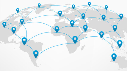 World network abstract scheme on world map with pins