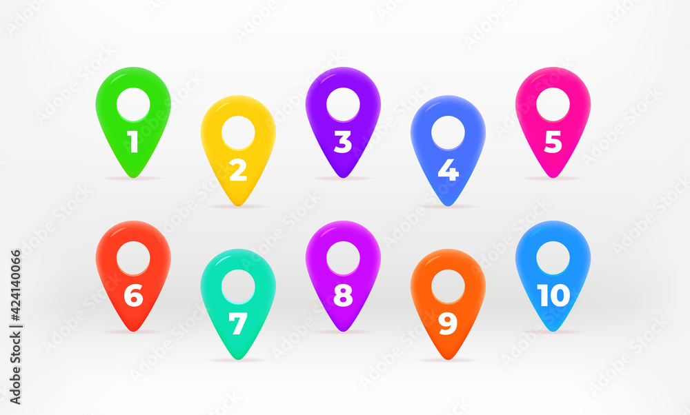 Aufkleber Pin bullets with color digits. Map pins collection. Inforgaphic vector elements