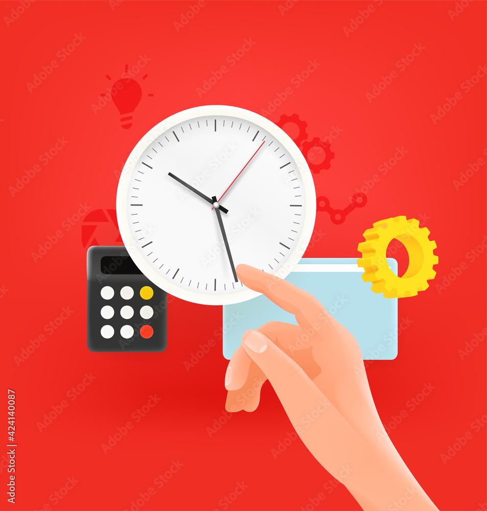 Poster time management vector concept. modern laptop with clock and hand of a man