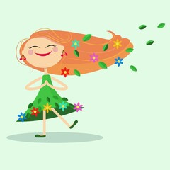 spring girl with red hair and flowers in her hair dancing