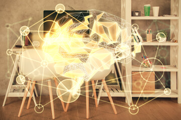 Multi exposure of brain drawing and office interior background. Concept of data technology.