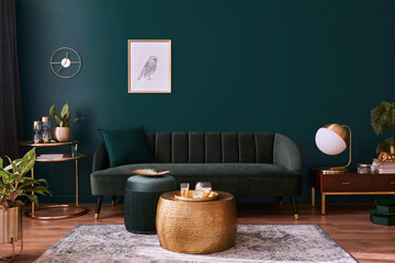 Luxury living room in house with modern interior design, green velvet sofa, coffee table, pouf,...