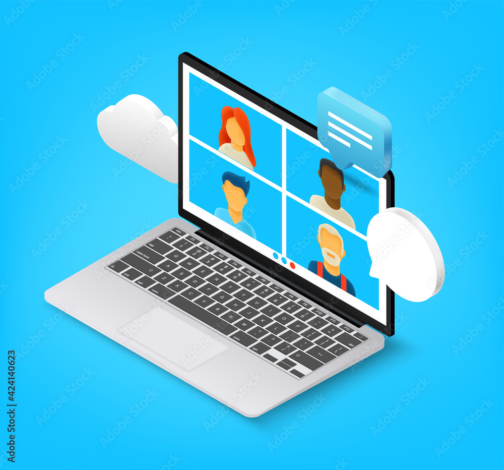 Poster Team working together via internet application. Isometric 3d style vector illustration