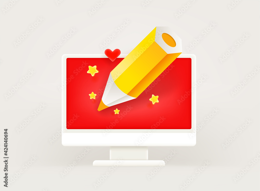 Poster Computer art vector concept. Modern computer monitor with crayon