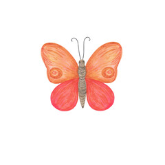 Red and orange butterfly watercolor illustration isolated on the white background, simple hand drawn colorful clipart for cards, invitations, textile or any other design purposes
