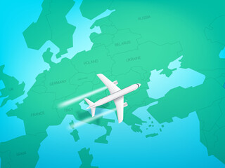 Modern aircraft flying above europe. Top view vector illustration