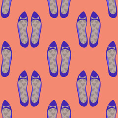 Seamless pattern with purple flat shoes on pink background, vector illustration