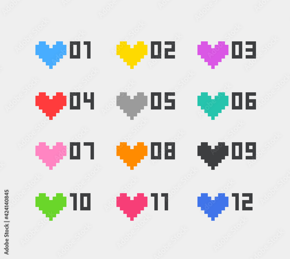Poster Color pixel style hearts with digits. Inforgaphic vector bullets set