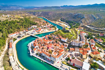 Fototapeta na wymiar Town of Obrovac and Zrmanja river panoramic aerial view