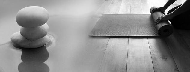 woman with yoga mat and white rock on water in zen style wellness health banner background