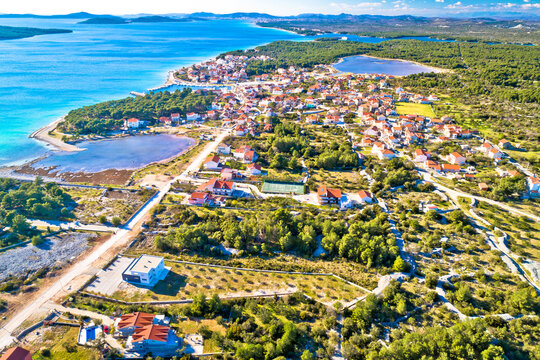 Coastal village of Zablace aerial panoramic view, Sibenik archipelago