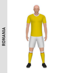3D realistic soccer player mockup. Romania Football Team Kit template