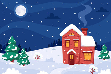 Fototapeta na wymiar Winter landscape with house, fir-trees, moon. Vector illustration.