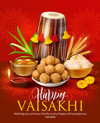Greeting background with traditional food and dhol (drum) for Punjabi festival Vaisakhi (Baisakhi). Vector illustration.