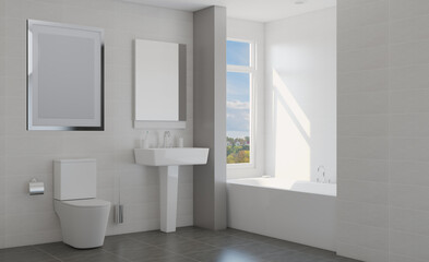 Fototapeta na wymiar Spacious bathroom in gray tones with heated floors, freestanding tub. 3D rendering. Blank paintings. Mockup.