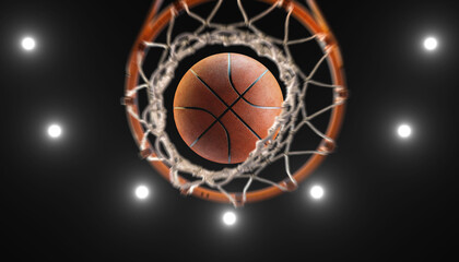 Fototapeta na wymiar 3d render old basketball on hoop ang lighting from roof stadium