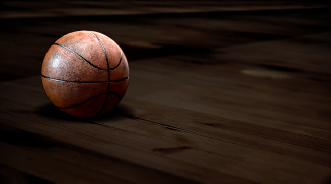 3d render dirty basketball on old wood floor