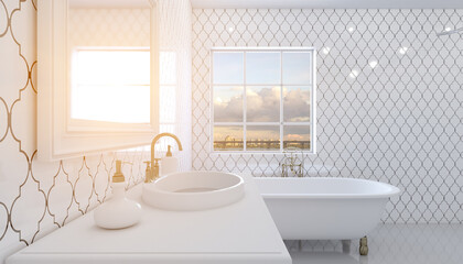 Obraz na płótnie Canvas Bathroom interior bathtub. 3D rendering.. Sunset.
