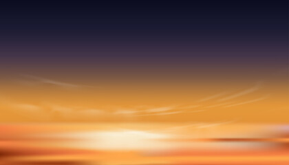 Sunset Dusk Sky in Evening with Orange,Yellow and Dark purple colour, Dramatic twilight landscape of Skyline with cloud,Vector horizon banner of Sunrise for four season weather background