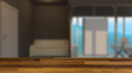 Background with empty table. Flooring. Modern office building interior. 3D rendering.. Blank paintings.