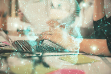 Fototapeta premium Multi exposure of woman hands working on computer and brain hologram drawing. Ai concept.